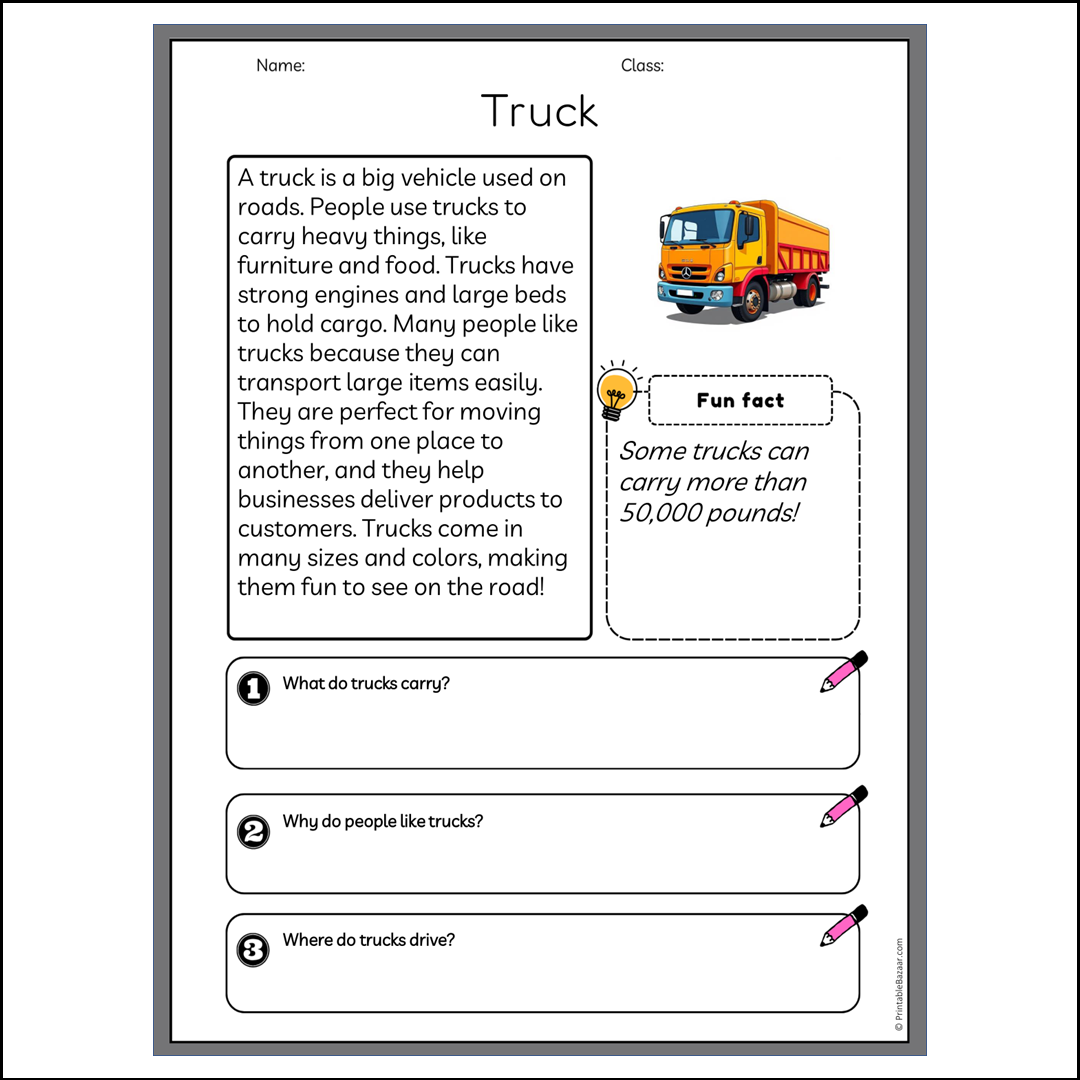 Truck | Reading Passage Comprehension Questions Writing Facts Worksheet