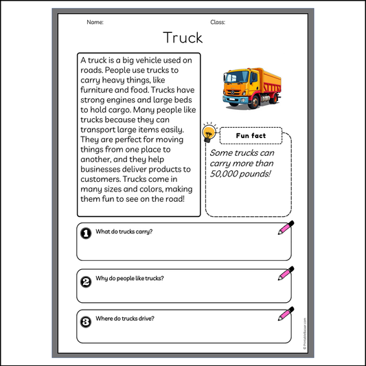 Truck | Reading Passage Comprehension Questions Writing Facts Worksheet