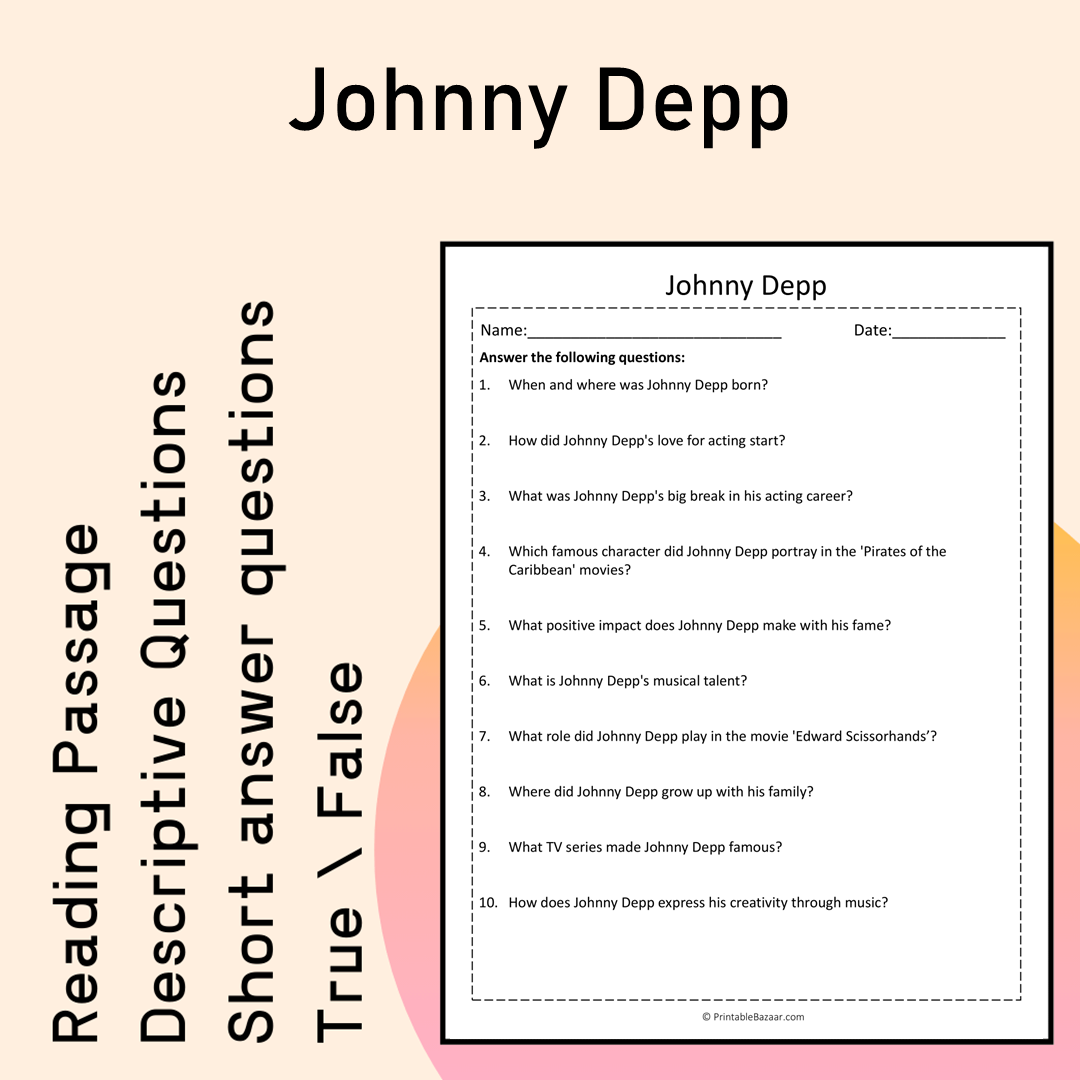 Johnny Depp | Reading Comprehension Passage Printable Activity