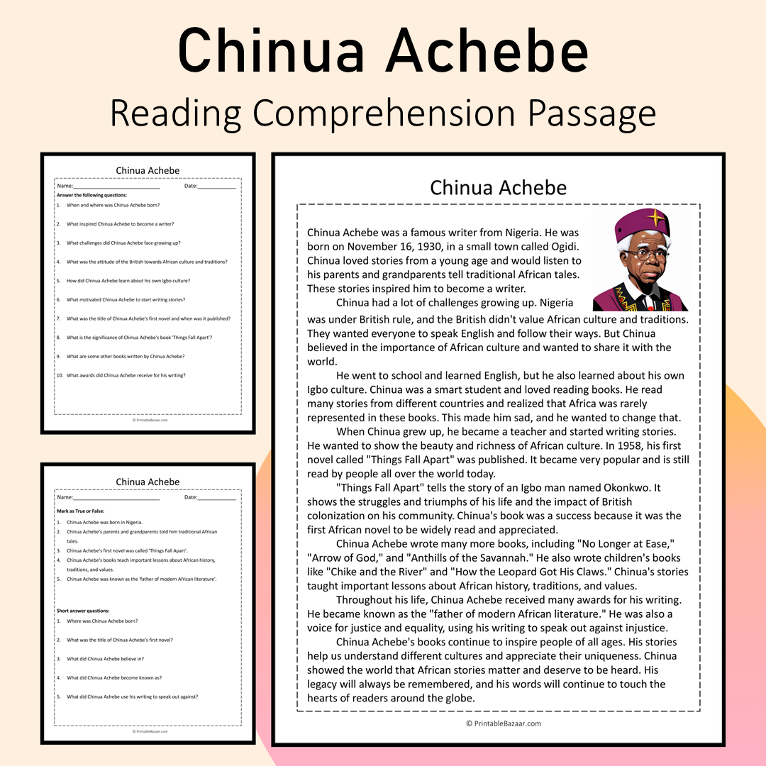 Chinua Achebe | Reading Comprehension Passage Printable Activity