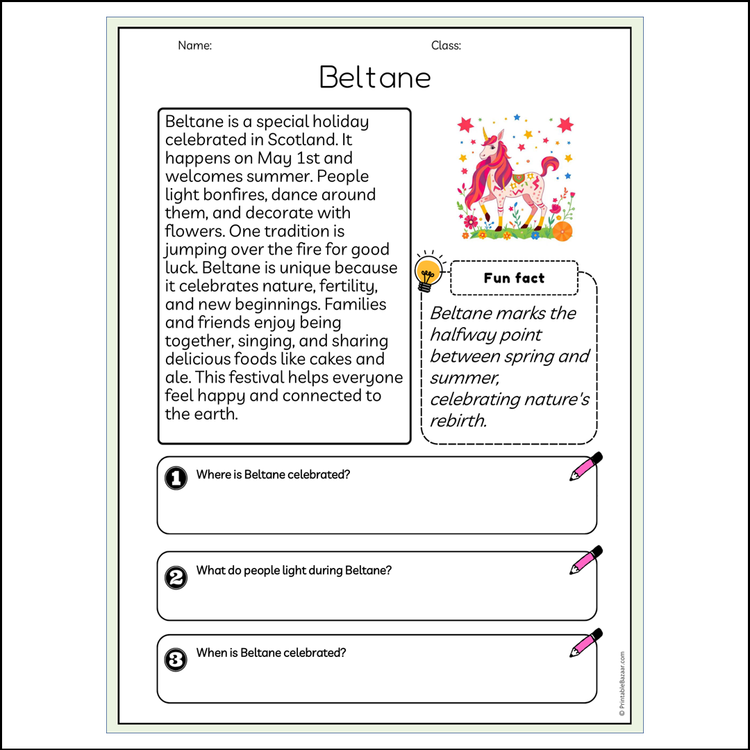 Beltane | Reading Passage Comprehension Questions Writing Facts Worksheet