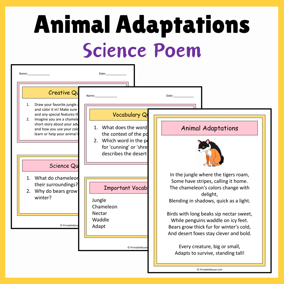 Animal Adaptations | Science Poem Reading Comprehension Activity