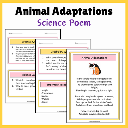 Animal Adaptations | Science Poem Reading Comprehension Activity