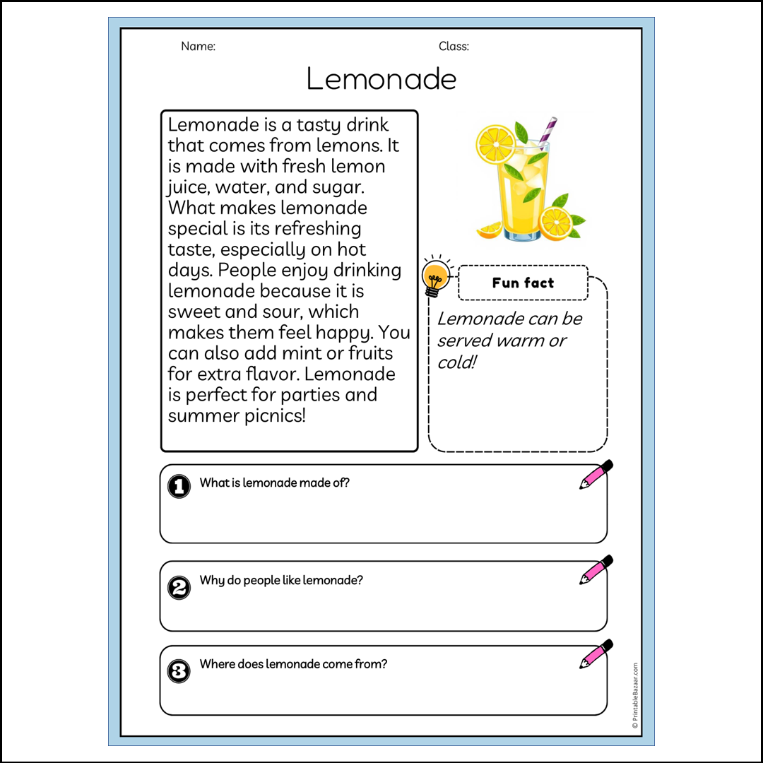 Lemonade | Reading Passage Comprehension Questions Writing Facts Worksheet