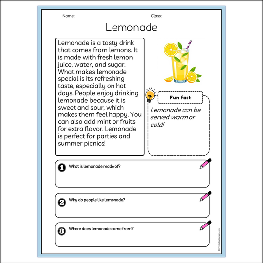 Lemonade | Reading Passage Comprehension Questions Writing Facts Worksheet