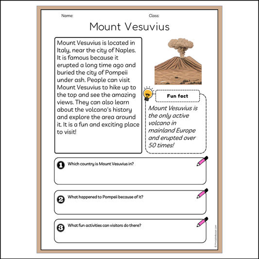 Mount Vesuvius | Reading Passage Comprehension Questions Writing Facts Worksheet