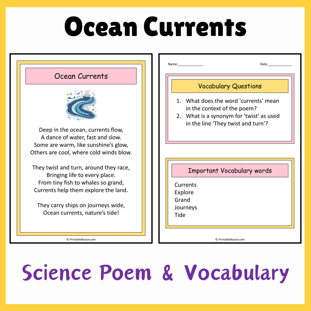 Ocean Currents | Science Poem Reading Comprehension Activity