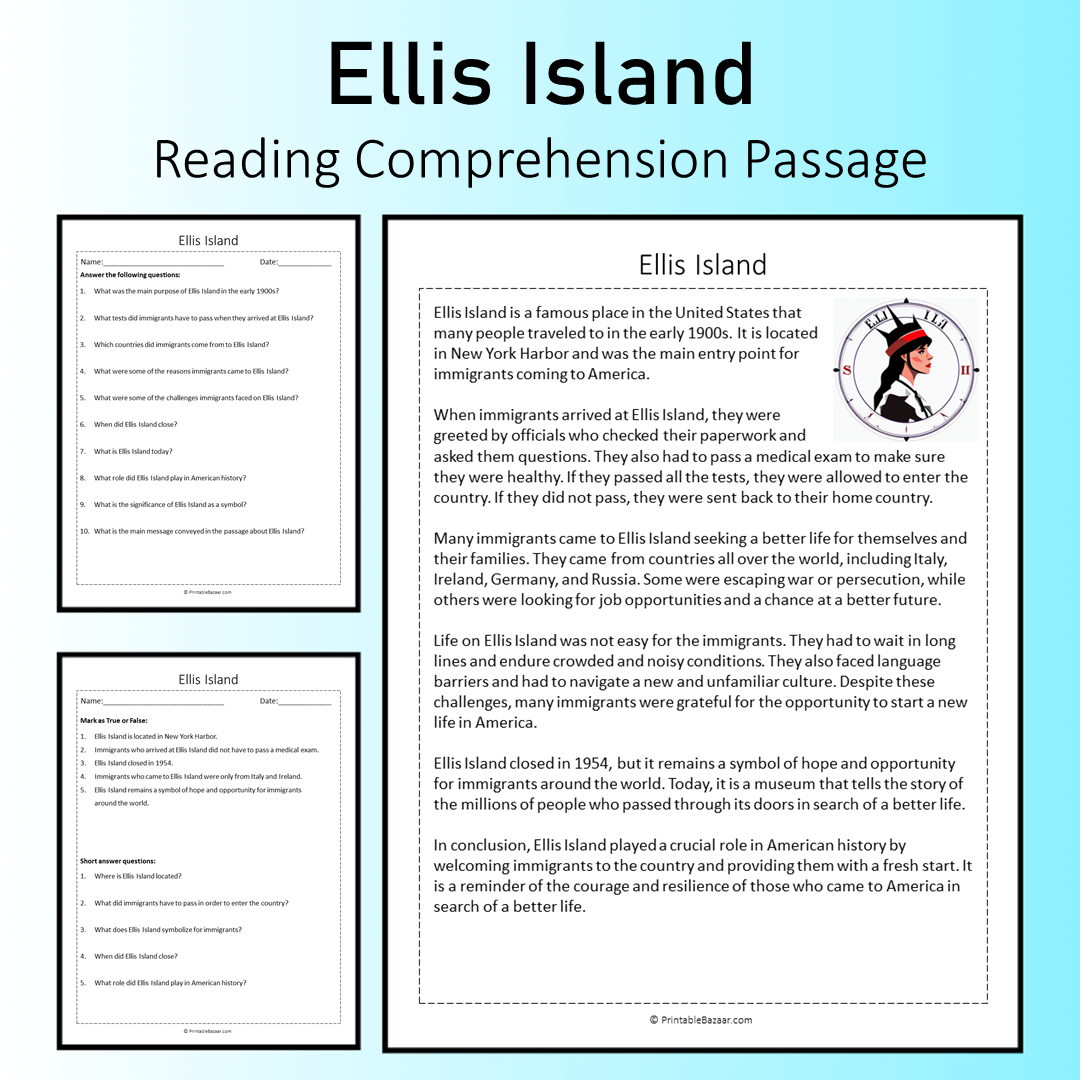 Ellis Island | Reading Comprehension Passage Printable Worksheet