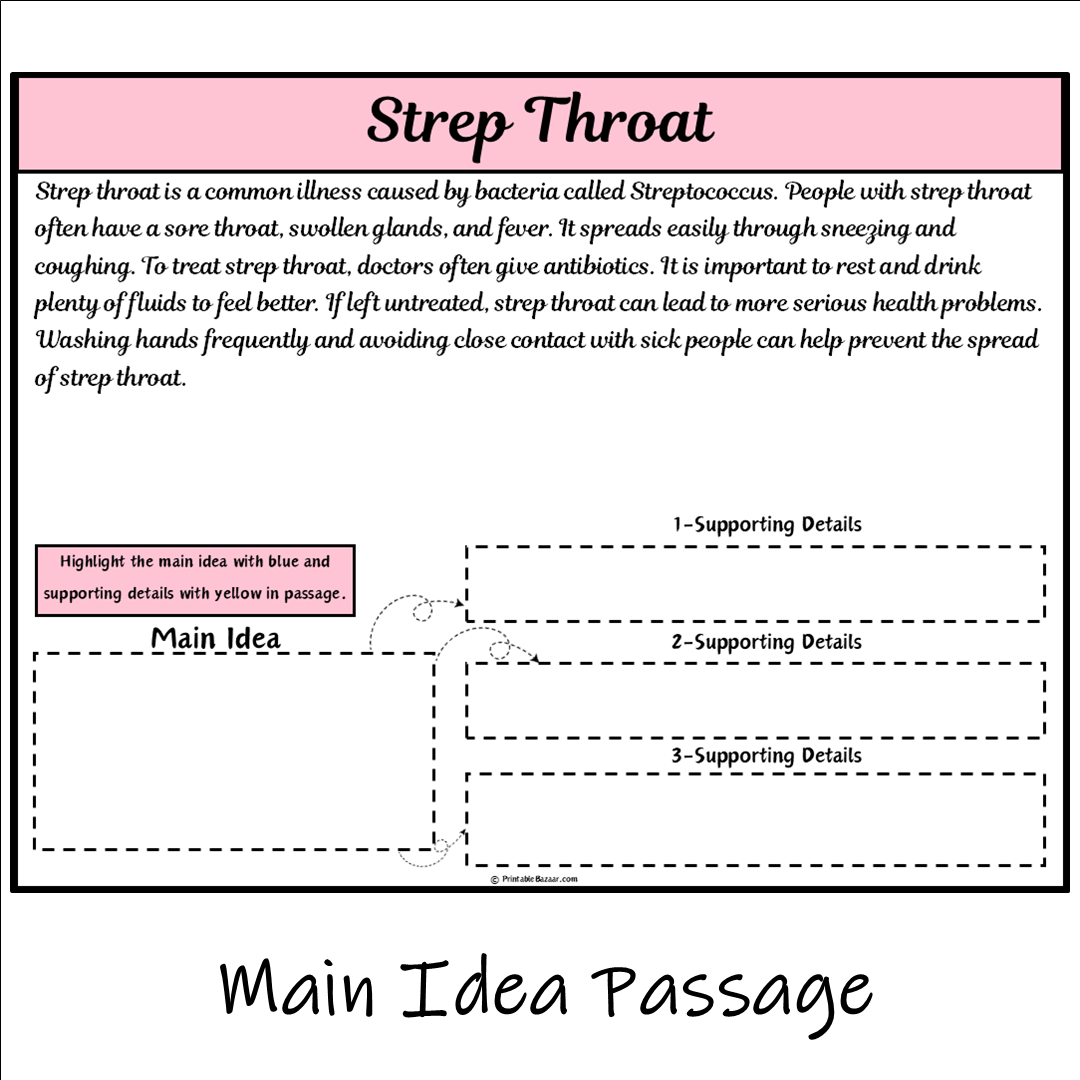 Strep Throat | Main Idea and Supporting Details Reading Passage and Questions