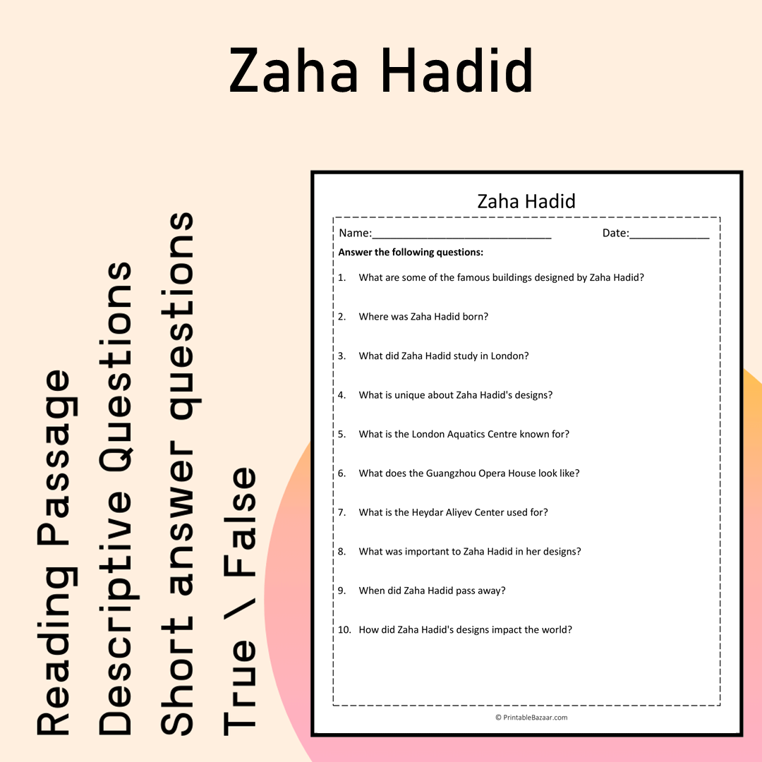 Zaha Hadid | Reading Comprehension Passage Printable Activity