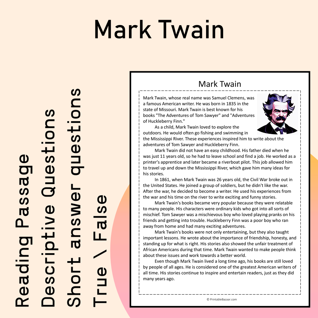 Mark Twain | Reading Comprehension Passage Printable Activity
