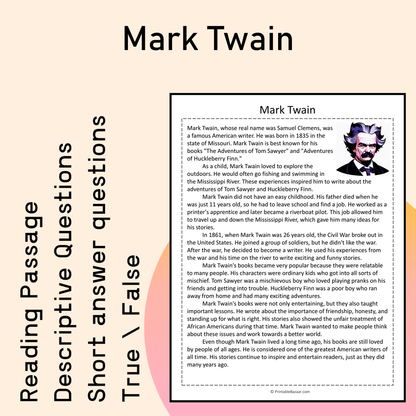 Mark Twain | Reading Comprehension Passage Printable Activity