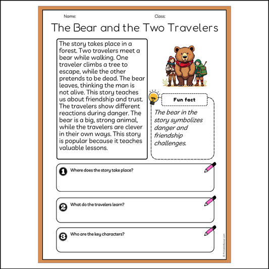 The Bear and the Two Travelers | Reading Passage Comprehension Questions Writing Facts Worksheet