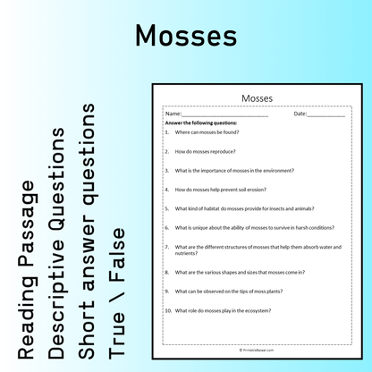 Mosses | Reading Comprehension Passage Printable Worksheet
