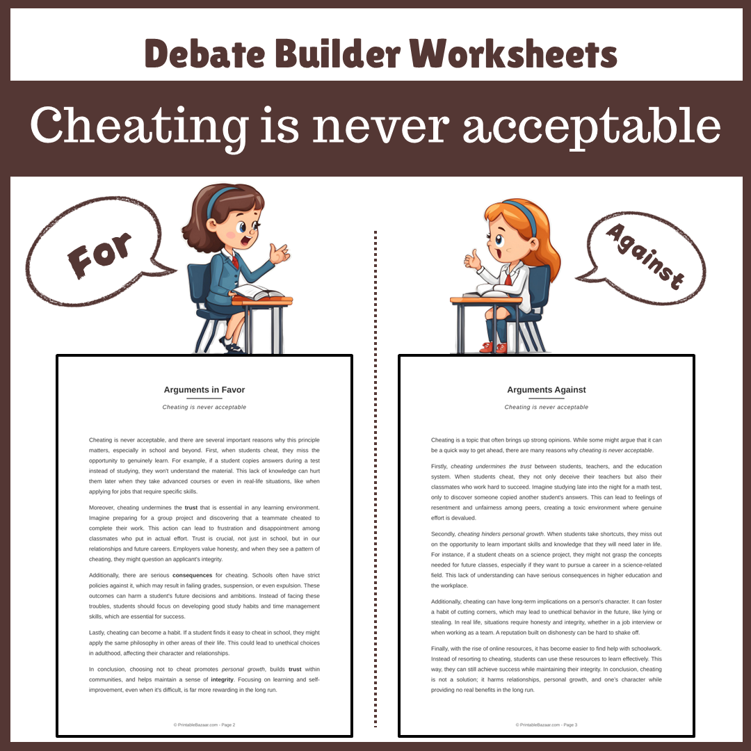 Cheating is never acceptable | Favour and Against Worksheet Printable ...