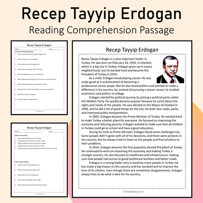 Recep Tayyip Erdogan | Reading Comprehension Passage Printable Activity