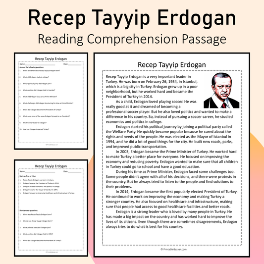 Recep Tayyip Erdogan | Reading Comprehension Passage Printable Activity