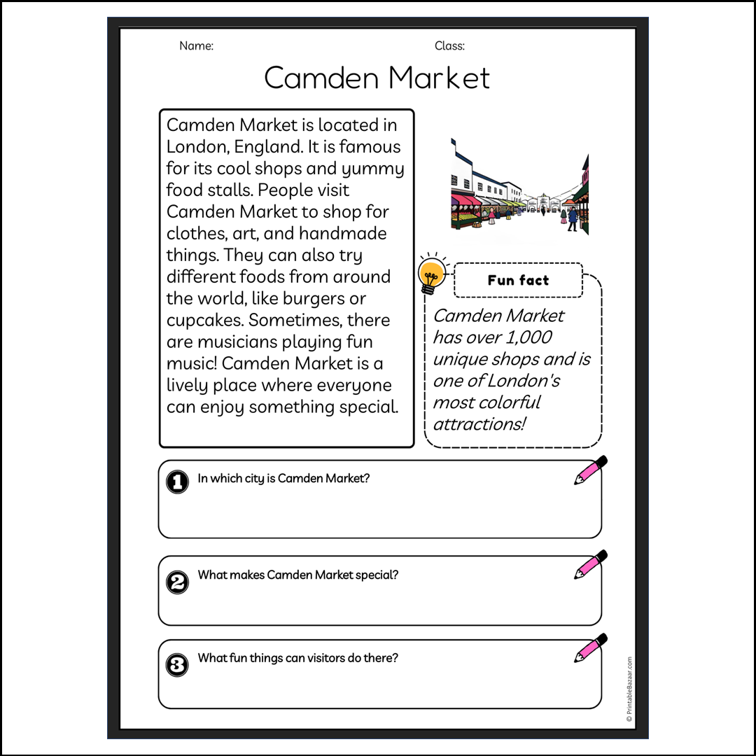 Camden Market | Reading Passage Comprehension Questions Writing Facts Worksheet