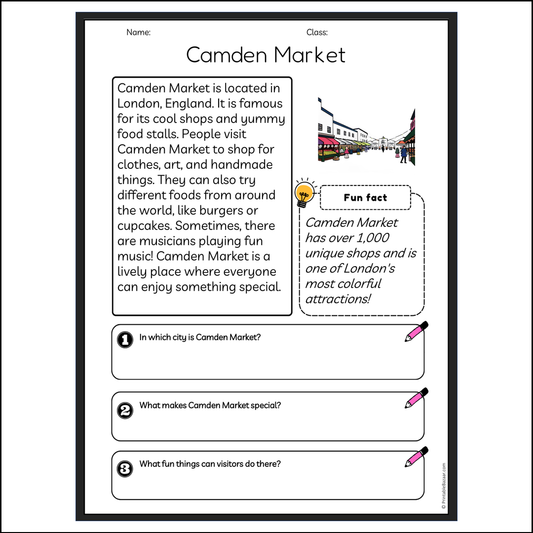 Camden Market | Reading Passage Comprehension Questions Writing Facts Worksheet