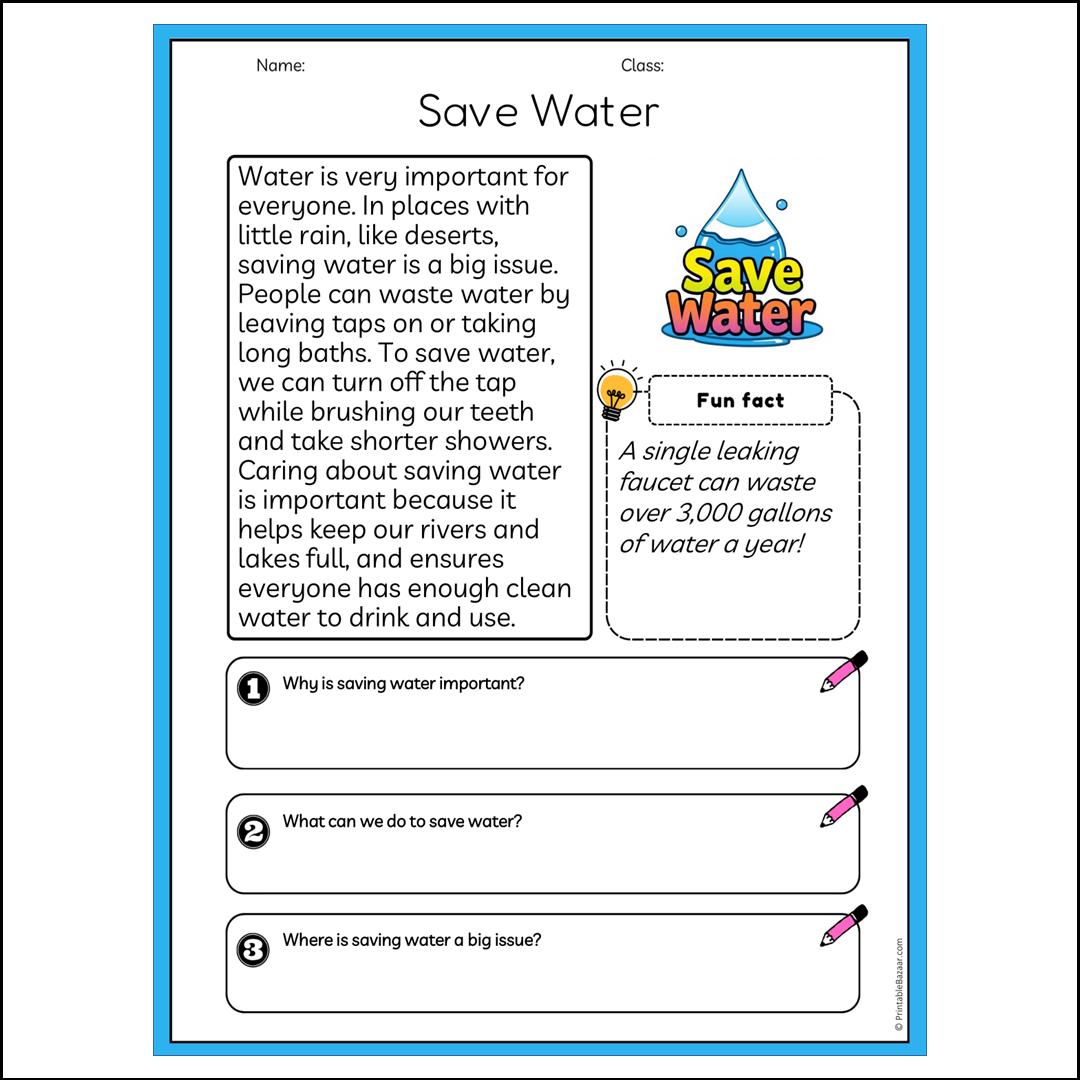 Save Water | Reading Passage Comprehension Questions Writing Facts Worksheet