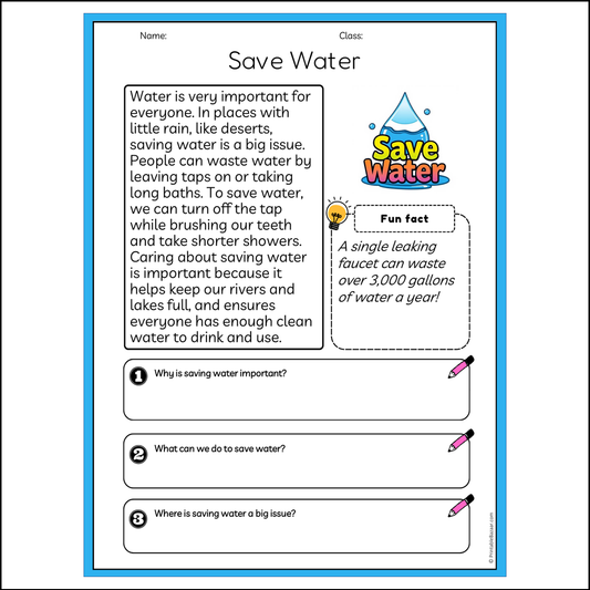 Save Water | Reading Passage Comprehension Questions Writing Facts Worksheet