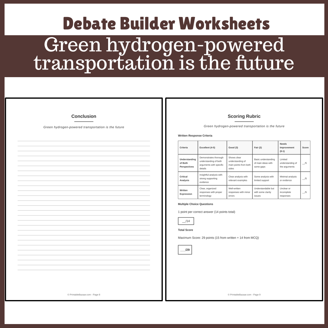Green hydrogen-powered transportation is the future | Favour and Against Worksheet Printable Activity