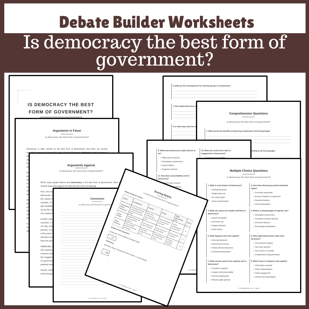 Is democracy the best form of government? | Favour and Against Worksheet Printable Activity