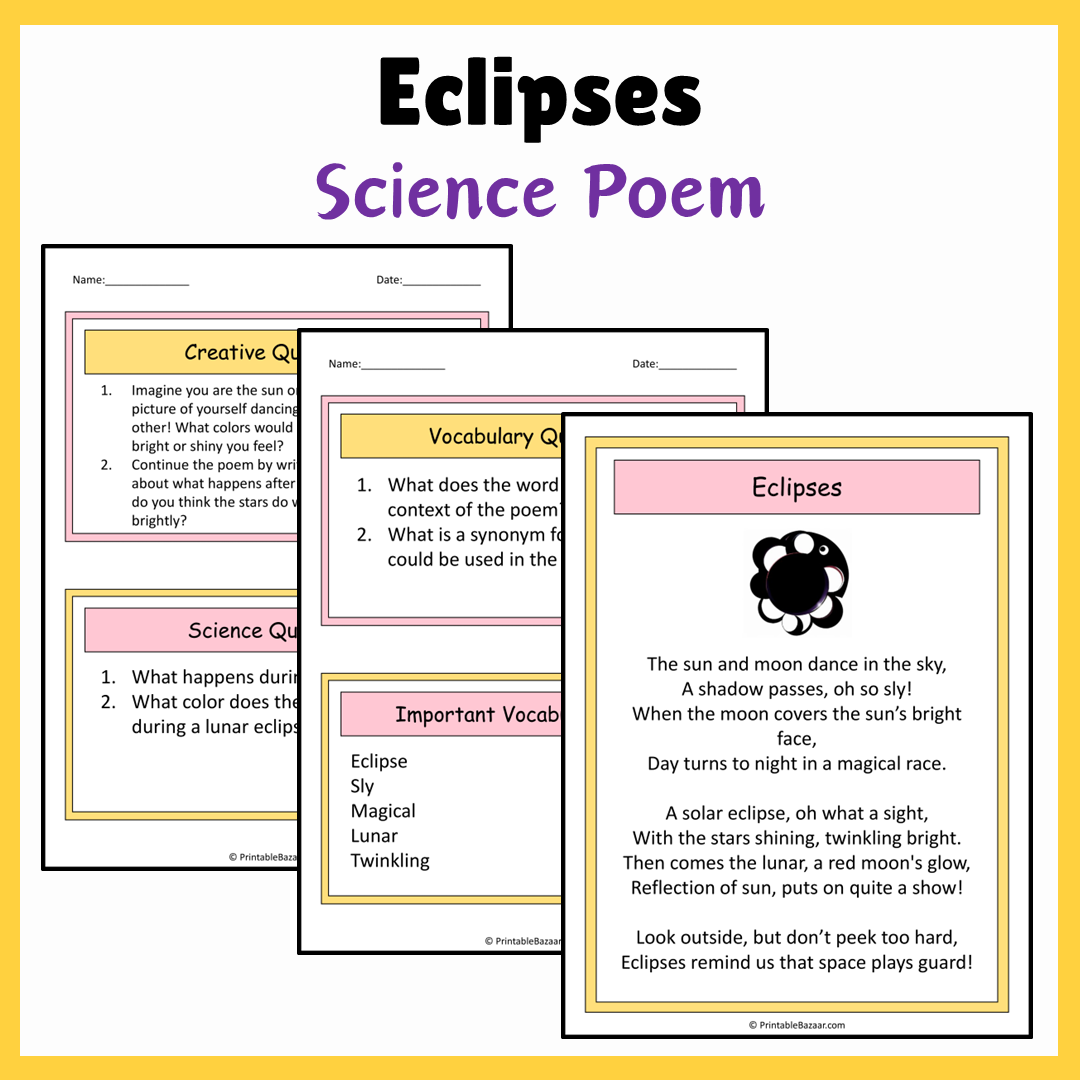 Eclipses | Science Poem Reading Comprehension Activity