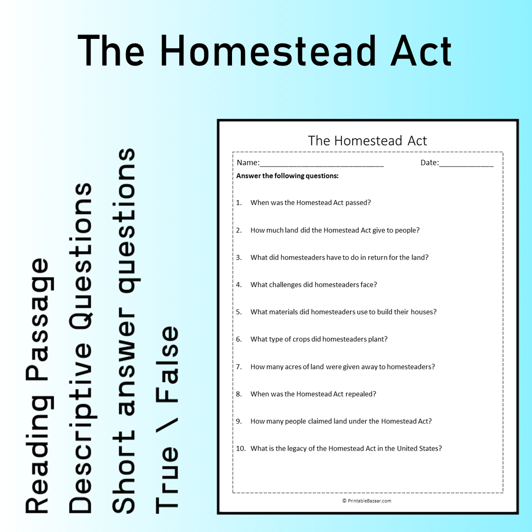 The Homestead Act | Reading Comprehension Passage Printable Worksheet