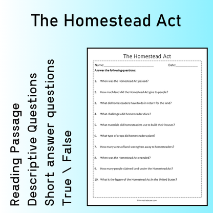 The Homestead Act | Reading Comprehension Passage Printable Worksheet