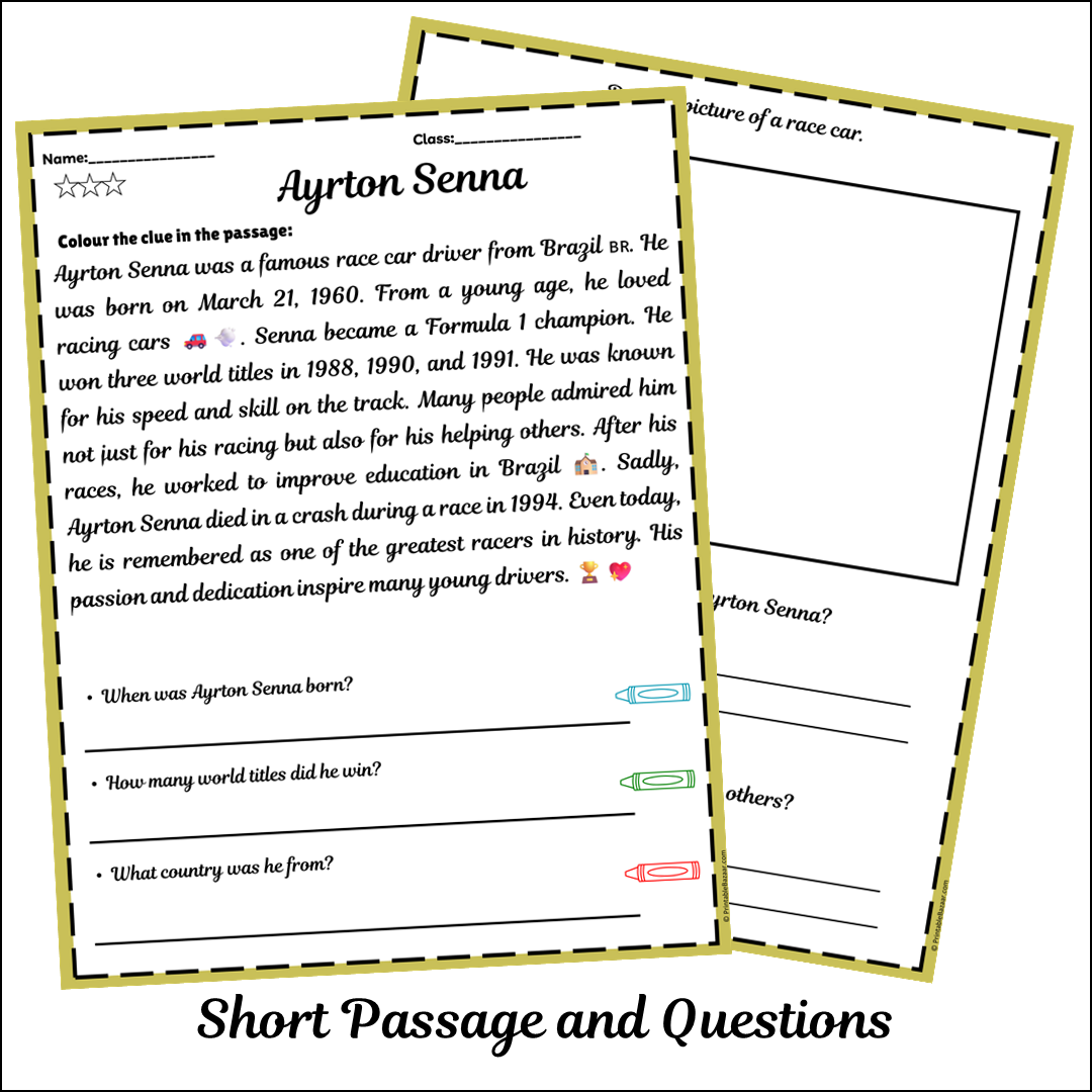 Ayrton Senna | Short Reading Comprehension Creative Worksheet
