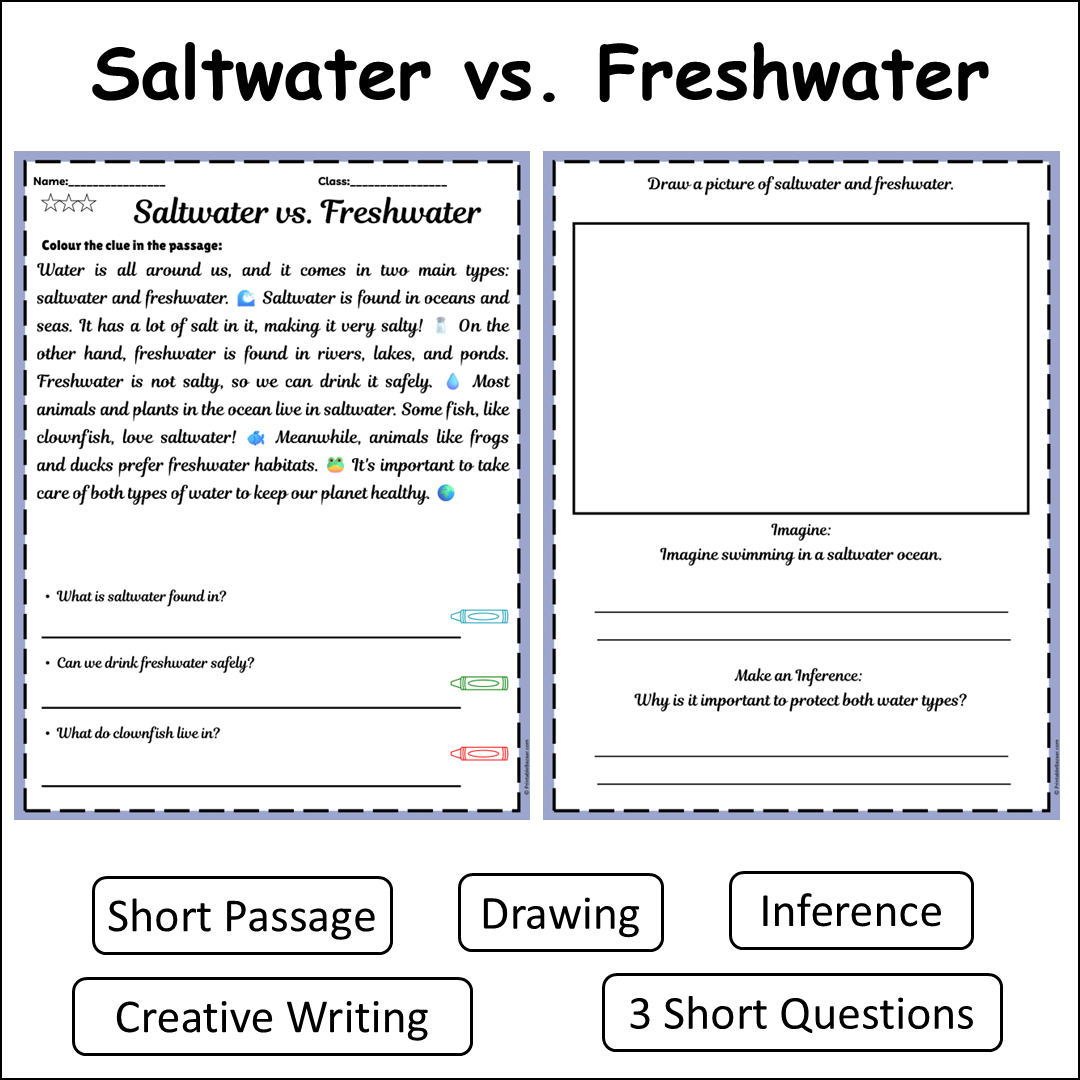 Saltwater vs. Freshwater | Short Reading Comprehension Creative Worksheet