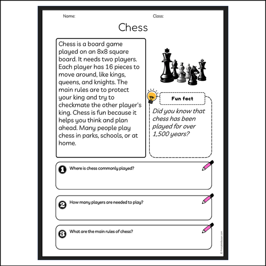 Chess | Reading Passage Comprehension Questions Writing Facts Worksheet