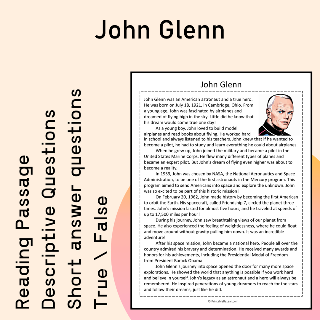 John Glenn | Reading Comprehension Passage Printable Activity