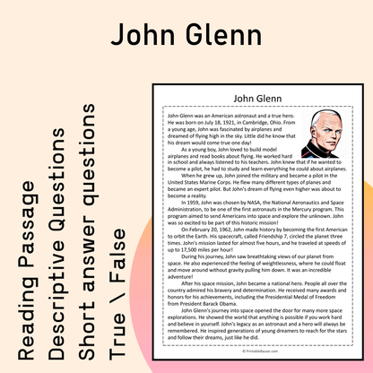 John Glenn | Reading Comprehension Passage Printable Activity