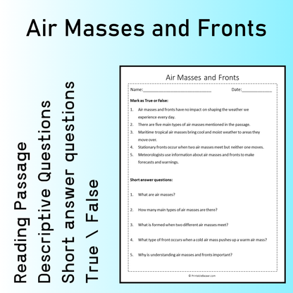 Air Masses and Fronts | Reading Comprehension Passage Printable Worksheet