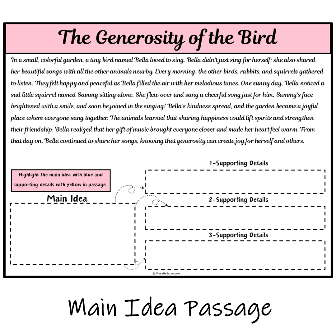 The Generosity of the Bird | Main Idea and Supporting Details Reading Passage and Questions