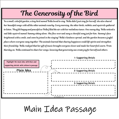 The Generosity of the Bird | Main Idea and Supporting Details Reading Passage and Questions