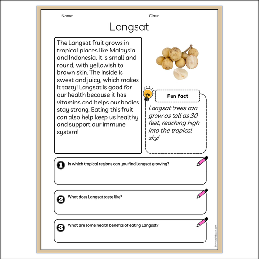 Langsat | Reading Passage Comprehension Questions Writing Facts Worksheet