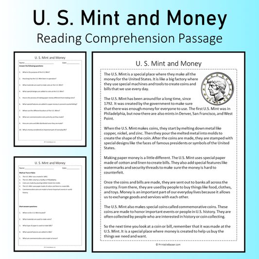 U. S. Mint and Money | Reading Comprehension Passage Printable Worksheet