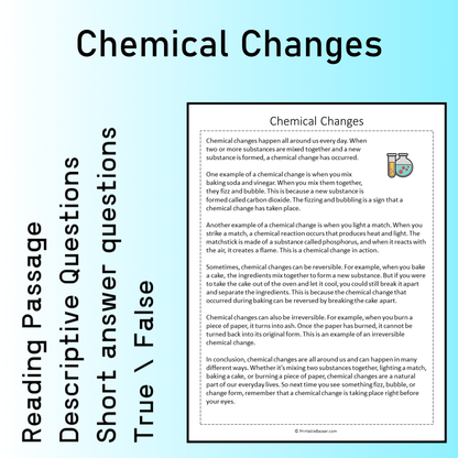 Chemical Changes | Reading Comprehension Passage Printable Worksheet