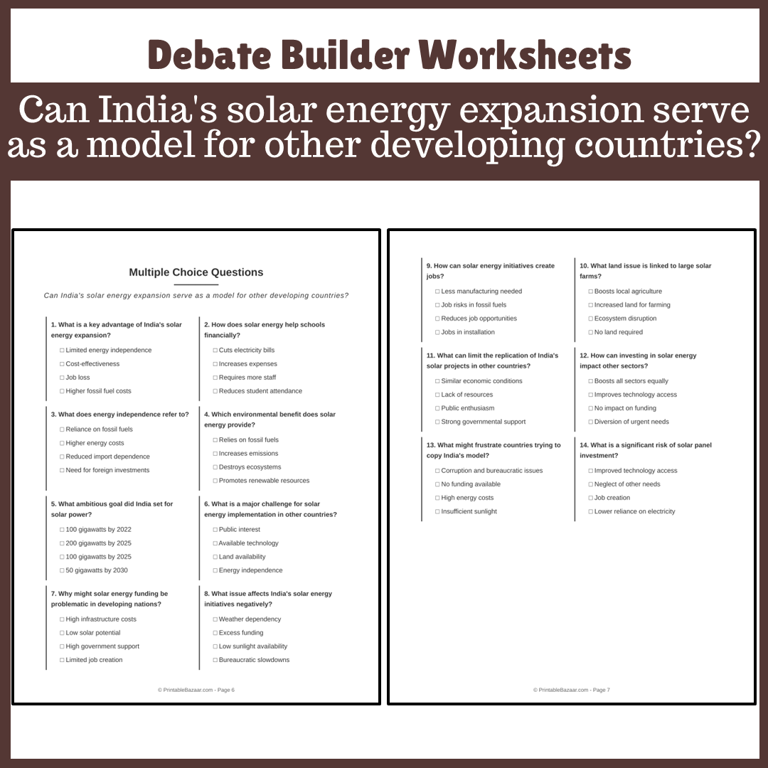 Can India's solar energy expansion serve as a model for other developing countries? | Favour and Against Worksheet Printable Activity