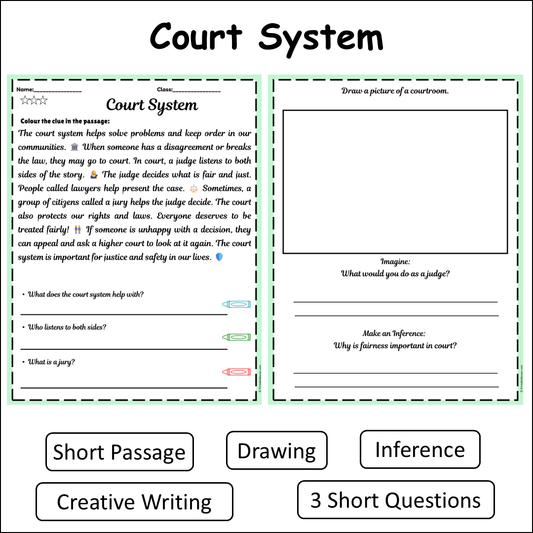 Court System | Short Reading Comprehension Creative Worksheet