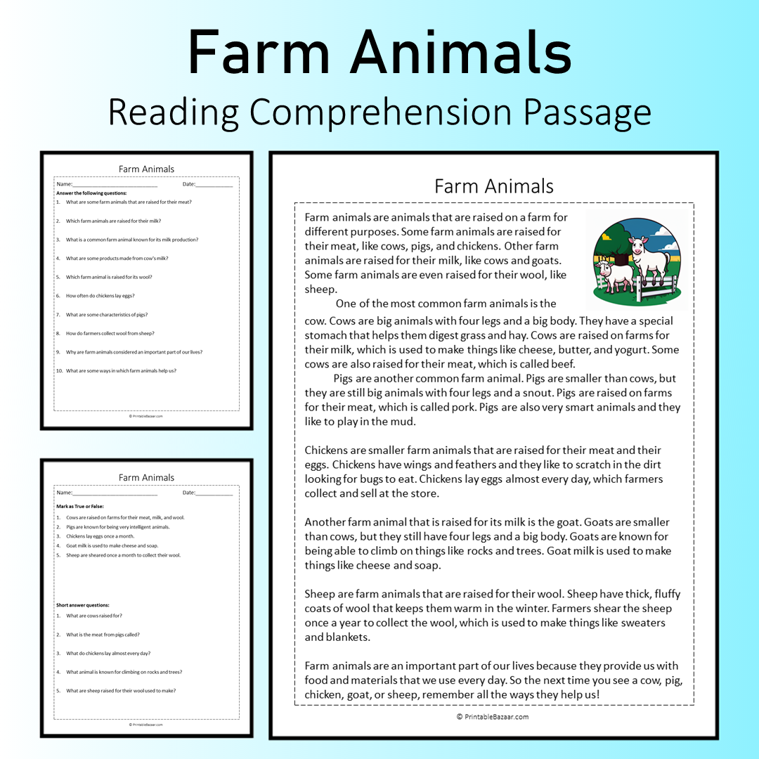 Farm Animals | Reading Comprehension Passage Printable Worksheet