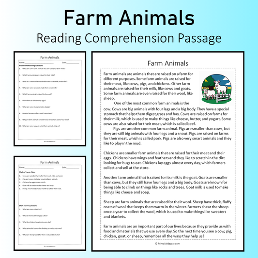 Farm Animals | Reading Comprehension Passage Printable Worksheet