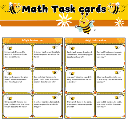 1-Digit Subtraction | Math Task Cards