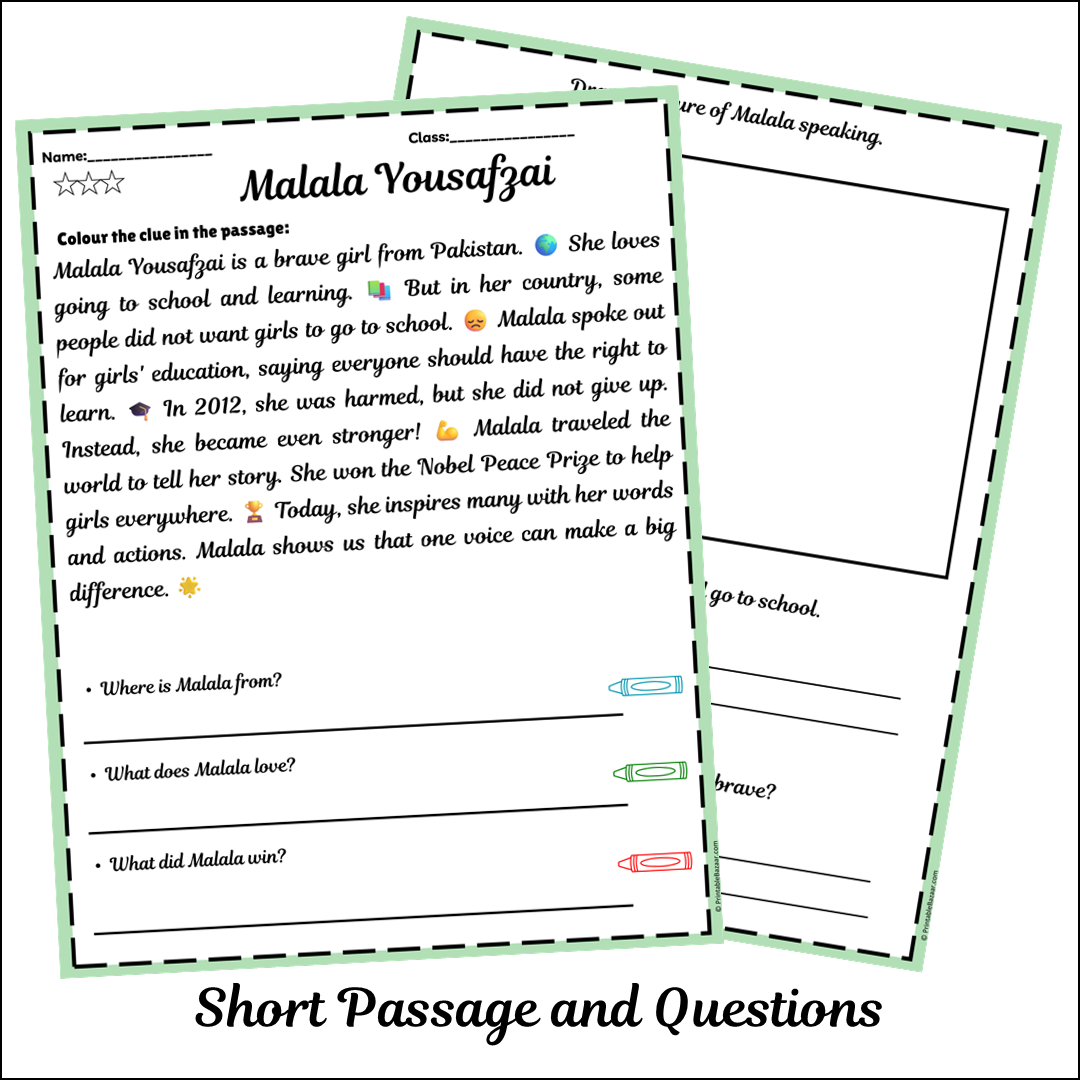 Malala Yousafzai | Short Reading Comprehension Creative Worksheet