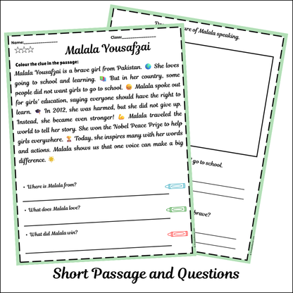 Malala Yousafzai | Short Reading Comprehension Creative Worksheet