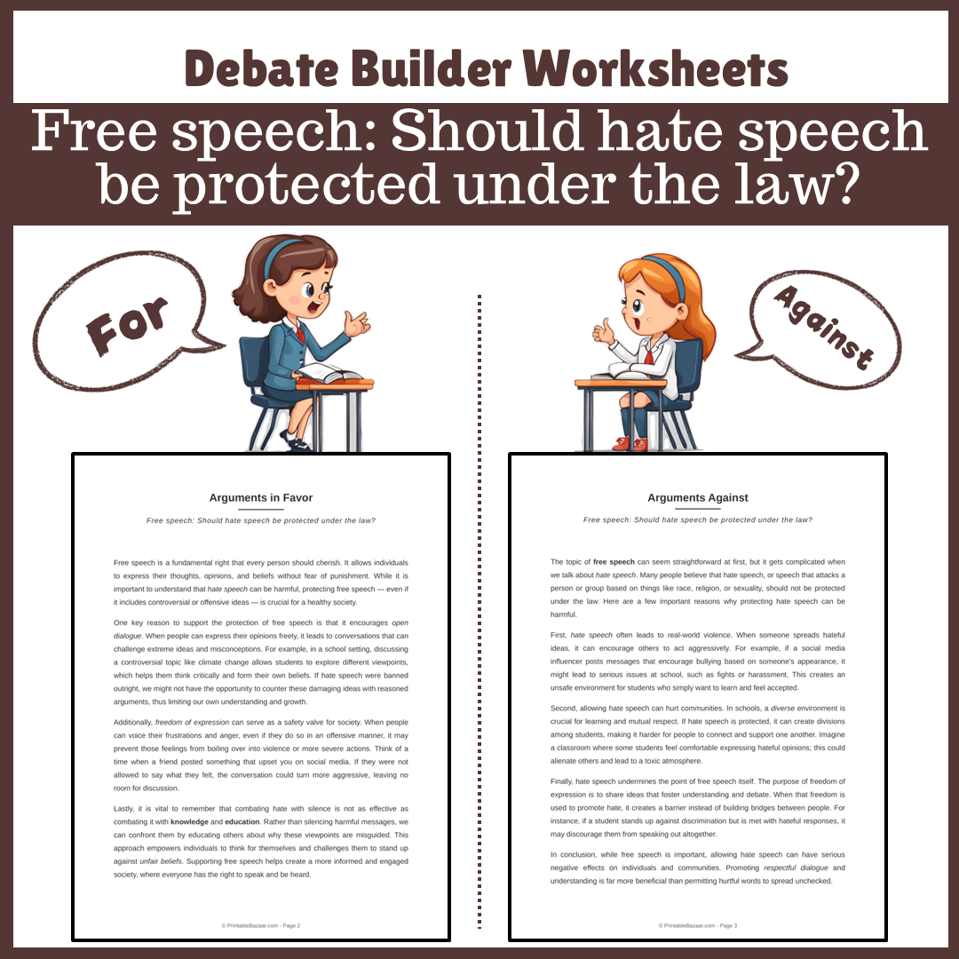 Free speech: Should hate speech be protected under the law? | Favour and Against Worksheet Printable Activity
