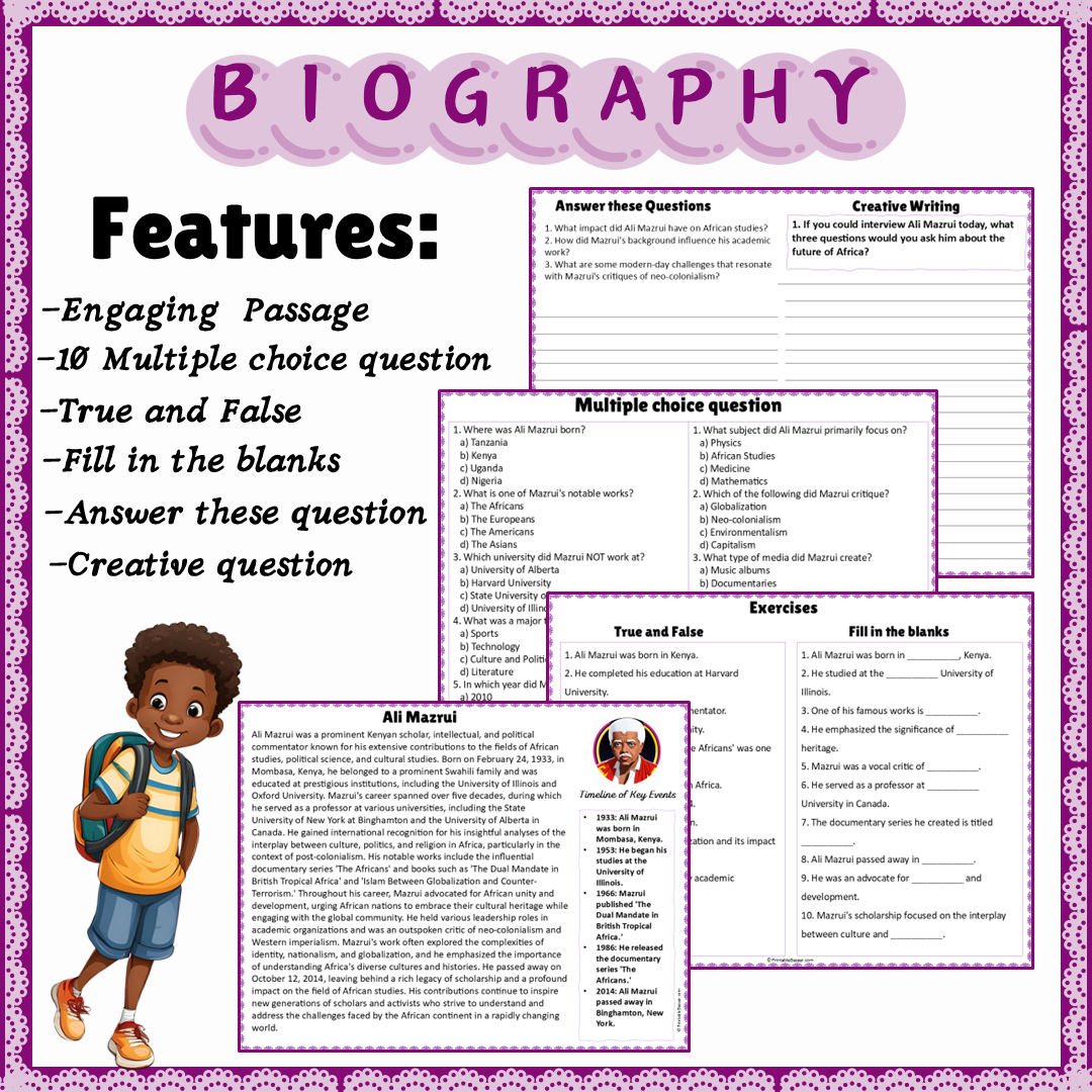 Ali Mazrui | Biography Reading Comprehension and Questions Worksheet